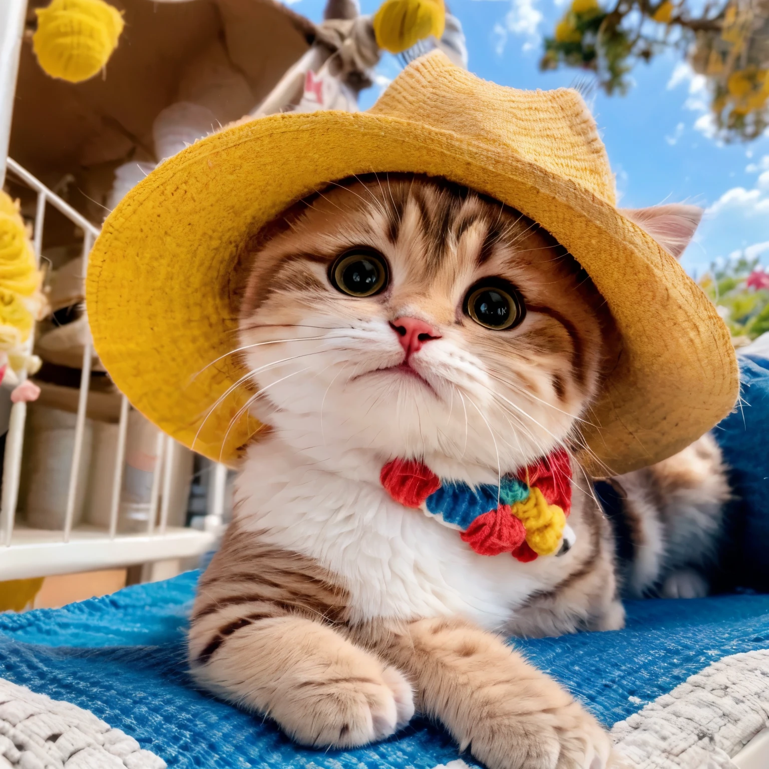 Cute kitten wearing sun hat，Basking comfortably in the sun