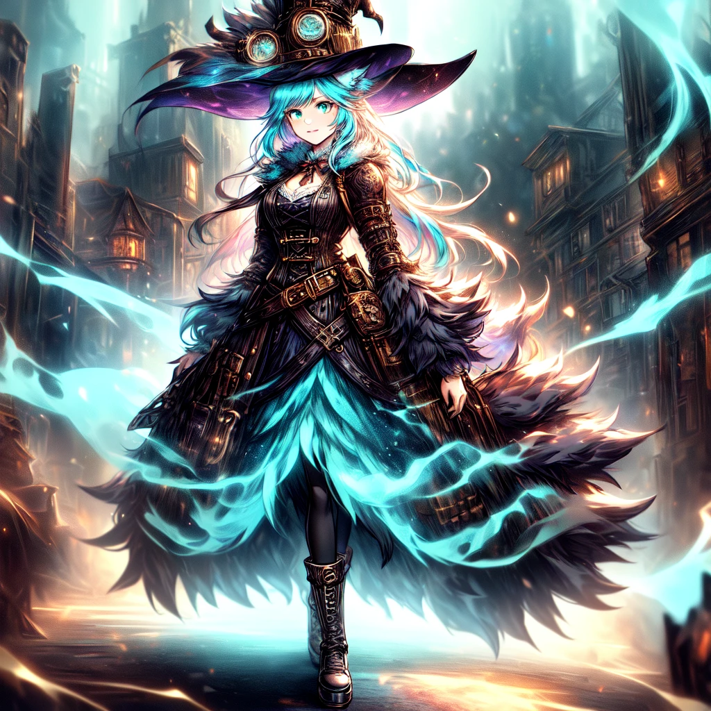 [best quality, shaded, extreme detail, highly detailed, ultradetailed, intricate, realistic], woman, hairy woman, wolf woman, full body portrait, full fur, magic fur, full tail, big tail, magic tail, long hair ( colorful hair), hat on head (steampunk style witch hat), [detailed face, precise details] charming face, almond-shaped eyes (bright turquoise color), witch outfit (dark color with magic rune , the outfit is steampunk style), black tights, shoes (high steampunk boots), the scene is in a narrow alley with a sinister and dark atmosphere.