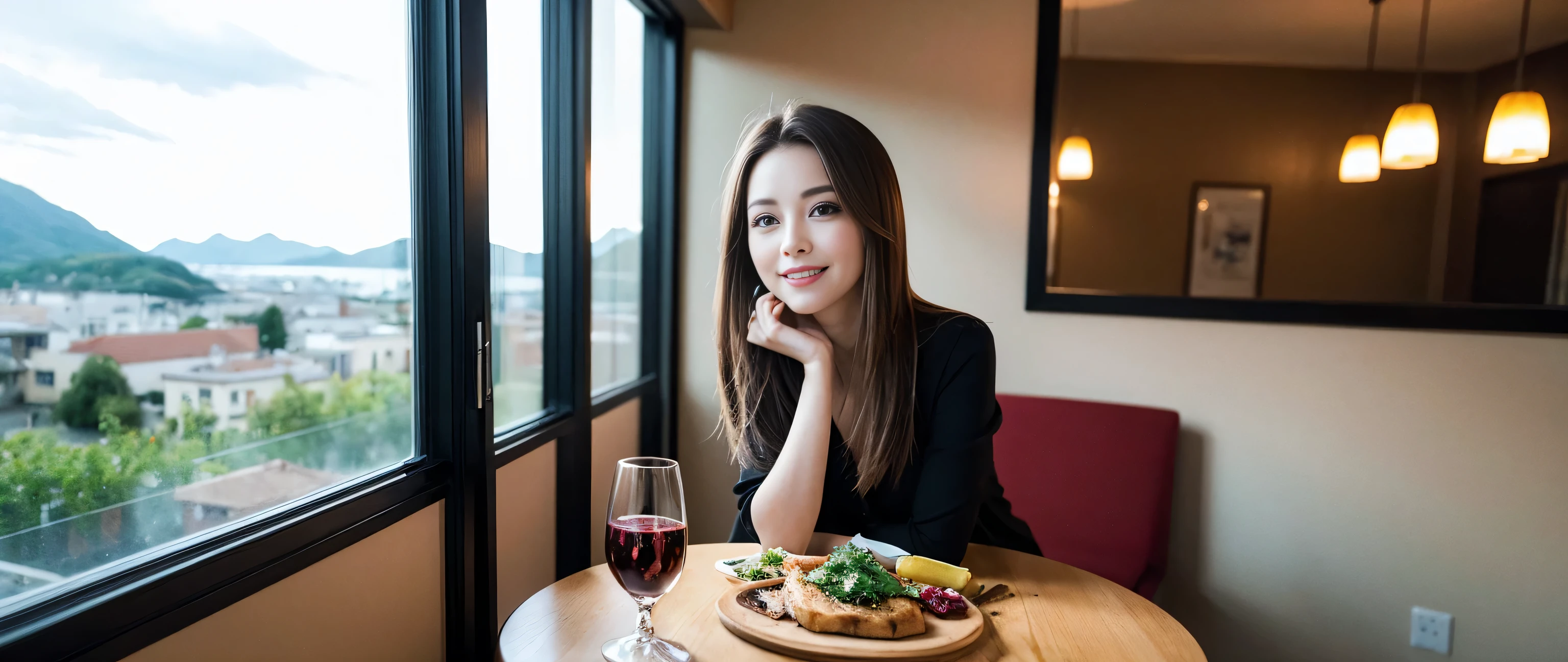 ((highest quality、8k、masterpiece:1.3))、Sharp focus:1.2、Beautiful woman perfect body:1.4、Slim body、((Bob Hale、Straight hair:1.2))、(to be born, highest quality, masterpiece:1.5), (Realistic, Intricate details:1.2), Ultra-high resolution, Put the light on your face、Spectacular view of the sunset sky and clouds、Amazing mountain views、A bright smile、wine glass、red wine 、Appetizer、Italian food、Wine bottle、Champagne、sparkling wine、, Beautiful Face, blue eyes, The light shines on your face, Blushing, short hair,Bright Face、Fox face、 (36 years old), 39 years old, Lady、Two beauties、Brown Hair、Shortcuts、Long sleeve shirt、dress、Pretty Woman 1, (slim face), (The body is slim), (Brown Hair), (Shortcuts), cheeks turn a little red,Attractive beauty、, Out of the window, A beautiful and detailed night view unfolds.........., restaurant, In a prominent place (From the waist up) Nova Frog Style, actress, model, Upper Body, White wine, slim, wine glass, A wine glass placed in the middle, smile, (smile: 1.15), Beautiful fine grain, Depth f/2,saturation, High Contrast, Strong light and shadow,Moist Body:1.5、3D texture、Delicate eyes、Brown Hair、The hair is very shiny、