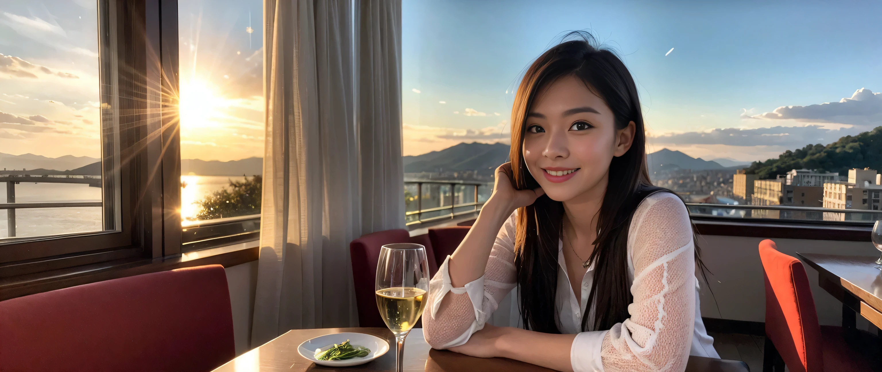 ((highest quality、8k、masterpiece:1.3))、Sharp focus:1.2、Beautiful woman perfect body:1.4、Slim body、((Bob Hale、Straight hair:1.2))、(to be born, highest quality, masterpiece:1.5), (Realistic, Intricate details:1.2), Ultra-high resolution, Put the light on your face、Spectacular view of the sunset sky and clouds、Amazing mountain views、A bright smile、wine glass、red wine 、Appetizer、Italian food、Wine bottle、Champagne、sparkling wine、, Beautiful Face, blue eyes, The light shines on your face, Blushing, short hair,Bright Face、Fox face、 (36 years old), 39 years old, Lady、Two beauties、Brown Hair、Shortcuts、Long sleeve shirt、dress、Pretty Woman 1, (slim face), (The body is slim), (Brown Hair), (Shortcuts), cheeks turn a little red,Attractive beauty、, Out of the window, A beautiful and detailed night view unfolds.........., restaurant, In a prominent place (From the waist up) Nova Frog Style, actress, model, Upper Body, White wine, slim, wine glass, A wine glass placed in the middle, smile, (smile: 1.15), Beautiful fine grain, Depth f/2,saturation, High Contrast, Strong light and shadow,Moist Body:1.5、3D texture、Delicate eyes、Brown Hair、The hair is very shiny、