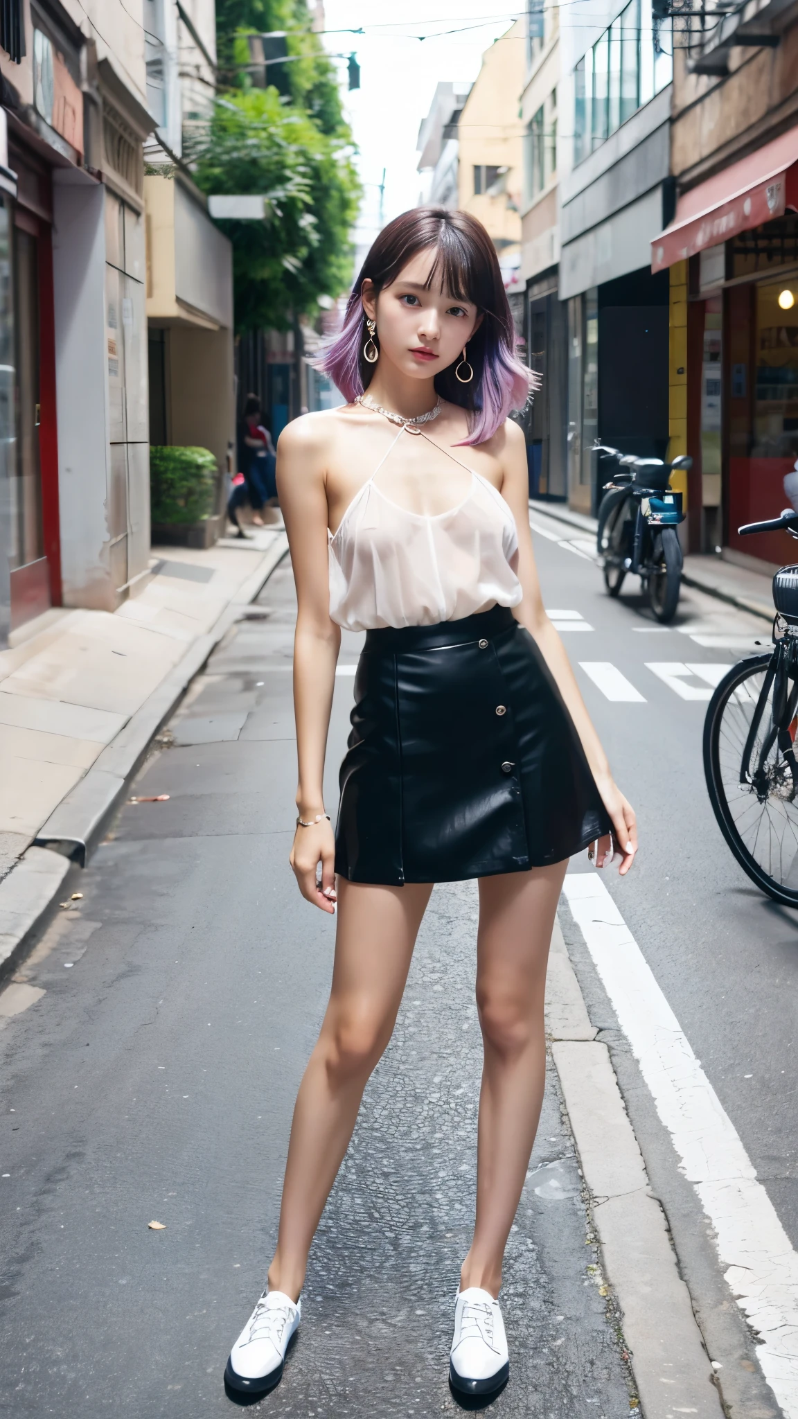 Ultra-clear resolution,Young girl,Shoulder-length hair,coloured hair,Earrings,Clear eyes,No makeup,Lip Gloss,Delicate face,Perfect face,Fair skin,Perfect breasts,Long and slender legs,Black business mini skirt,shoe,Empty streets