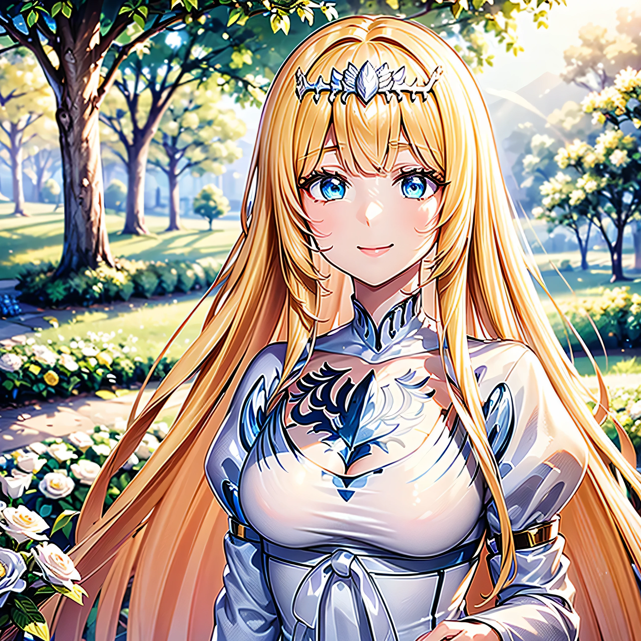 (highest quality)),(ultra high resolution),(Super detailed),(detailed description),((best CG)),(best work of art),super precision art,great drawing art,(Finely detailed fato:1.5), (1 woman:1.5),beautiful and well-shaped face:1.5,smile:1.5,,clear:1.5, flower garden:1.3,butterfly々:1.3,soft sunlight:1.4,Breeze:1.5, 1girl,solo, Calca, Calca Bessarez, blonde hair, extremely long hair, very long hair, white tiara, silver tiara, white dress, blue eyes, medium chest