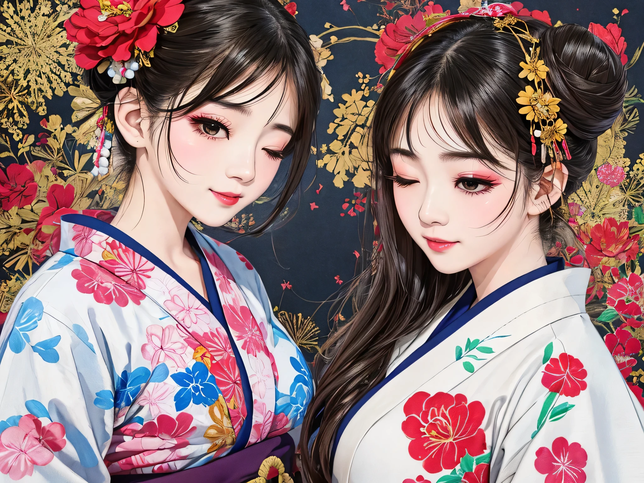 Each has a different expression２People and sisters、(２ girls）、｟Dancing traditional arts with grace)、((Big Breasts、Small Face、Not exposed))、highest quality、masterpiece、（Black Hair、Bun Hair）、Brown Eyes、｟Wide angle、Angle from above the waist、Pause on the magazine cover、Each person has a different perspective when looking into the distance｠、(８K high quality、masterpiece、High resolution、Realistic and beautiful light and shadow、(highest quality)、(High Resolution)、(Very delicate and beautiful)、(Beautiful 8k face)、(Smiling and closing your eyes、Beautiful eyes)、(Clear skin)、(Soft hair)、(８Head to Body)、(A Japanese style yukata kimono with red, pink and orange floral patterns on a white background, interspersed with gold powder、Wearing a yukata２Beautiful Japanese girls)、((Tanabata decoration background))、((Small Face))、(arms up)、Thin and small nose、（Red lipstick）、（Make your cheeks red）、（Glossy skin）、((Ink painting style))、Very thin eyebrows、Overall ultra-high image quality、（She is wearing maiko-style makeup.）、Whitening、Long and beautiful eyelashes、Glowing Skin、（Red cheeks）,Straight nose、masterpiece、highest quality、whole body、 Eyebrows visible through hair、Bun Hair、Grin、Gal、Gal、Viewer&#39;s Eyes、Plaid、Stylish、woman、fine、Pause、
Waiting to start 
