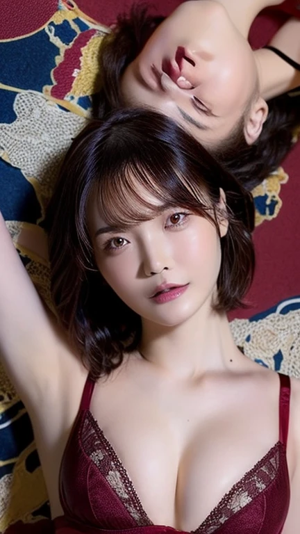 ((masterpiece:1.2, highest quality)), super detailed, Super precise depiction, Super detailed depiction, (abstract background:1.5), wavy short hair－, 1 girl, face,upper body up,sexy,looking at the viewer,A glossy look,stare,Subjectively,arm up,bust top,maroon color,realistically,best body,underwear,bra,