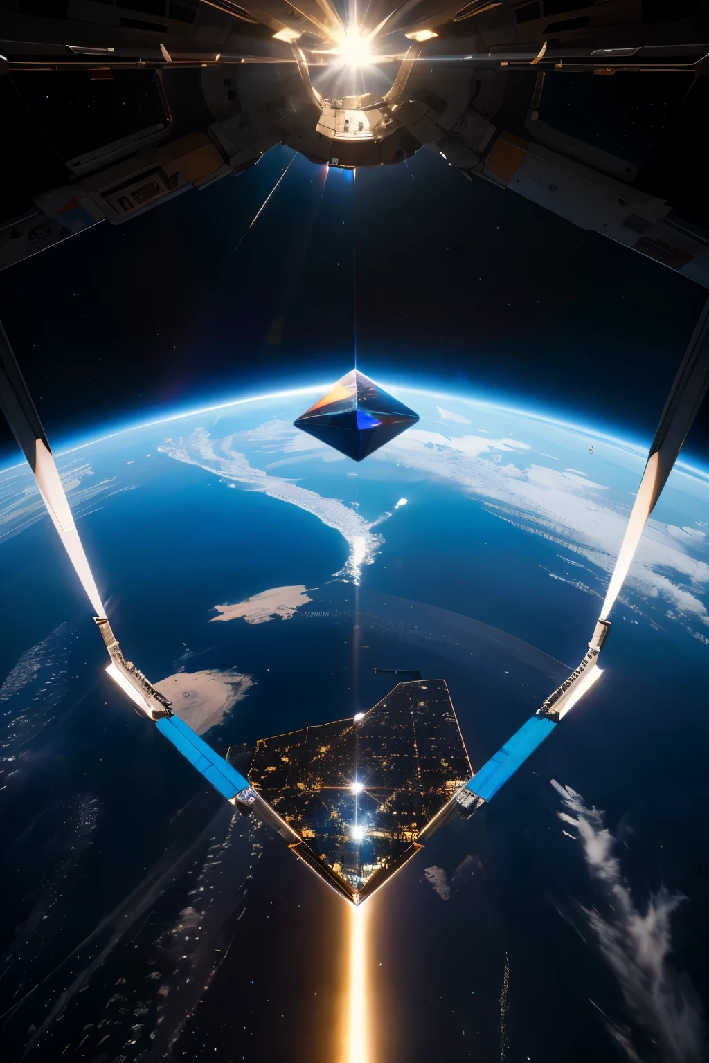 From the Space (1.5), Looking at the Earth, flying big crystal object, Swirling galaxy, Supernatural, Light and shadow contrast, Surrealism, Cubist Futurism, Futurism, ray tracing, reflection light, backlighting, motion blur, cinematic lighting, satellite image, UHD, masterpiece, curate, anatomically correct, textured skin, super detail, high quality, award winning, highest, 16k.