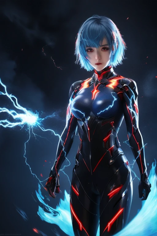 night, ((1 girl)), alone, masterpiece, 8k wallpaper, High resolution, Absurd, High Quality Backgrounds, short hair, Multicolored Hair, Bright full moon, blue fire, Red eyes, fire, electricity, blue electricity, Blue light particles