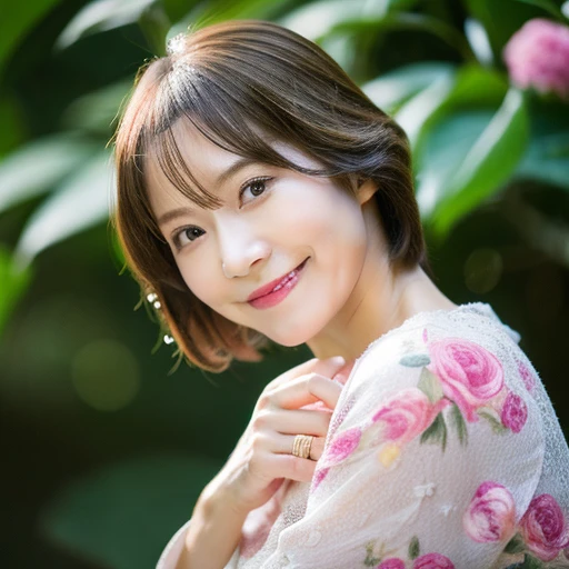 Upper Body Personal woman 45 years old Bob Hair Brown Hair beautiful hair shiny hair Japan rainy season short hair Water droplets on the hair (It rained and I got wet, Raindrops, Wet body :1.2) It's raining outside( sharpen ), (Purelos Face_v1:0.7), (8K, highest quality), Unconscious, Open Eyes, Big, perfect hands, Detailed Finger, wedding ring, High resolution, original, (Flat Color:0.9),(Colorful:1.1),(masterpiece:1,2), highest quality, masterpiece, High resolution, original, Highly detailed wallpaper, Viewer Perspective, alone, Portrait, Mature Woman Body Set, A slight smile, While staring at this,Natural wrinkles, Wrinkles around the eyes, Surreal, Natural Skin, Natural Hair Color, Bright red lips, hydrangeas in bloom