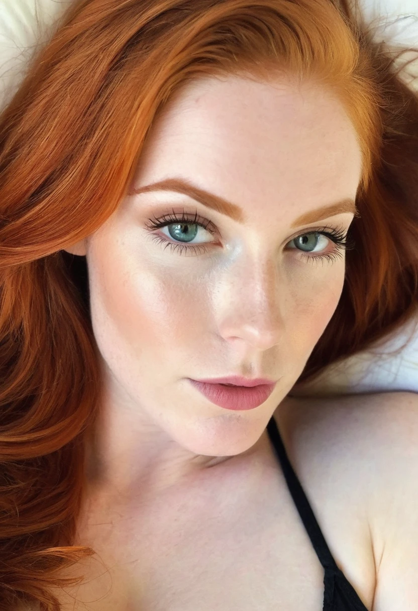 foto do instagram, Close-up headshot of the most beautiful redhead woman you know, Novo, Fission, pale skin, (sorrir:0.4), Sombras duras, melhor qualidade, work-πrhyme, ultra high resolution, (fotorealistisch:1.4), Foto RAW, 1Meninas, ((Novo)), ((peito grande)), luz fria, big booty, NSFW, posando na cama, gabar, mostrando as pernas, programa,