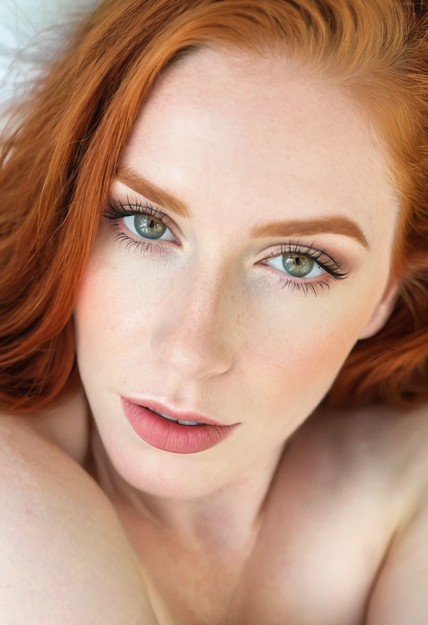 foto do instagram, Close-up headshot of the most beautiful redhead woman you know, Novo, Fission, pale skin, (sorrir:0.4), Sombras duras, melhor qualidade, work-πrhyme, ultra high resolution, (fotorealistisch:1.4), Foto RAW, 1Meninas, ((Novo)), ((peito grande)), luz fria, big booty, NSFW, posando na cama, gabar, mostrando as pernas, programa,