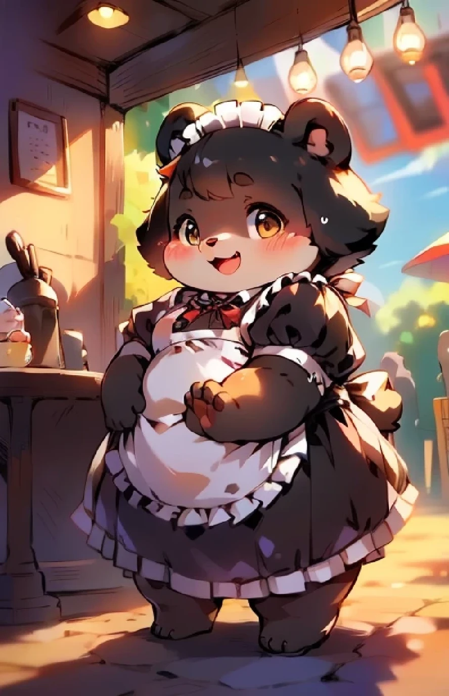 Black Bear Girl,female,black ears,Eye,Black,individual,obesity,Shorty,Fat Face,Short legs,Short limbs,Maid costume、Get dressed,cute,Smile,blush,Cafe,daytime