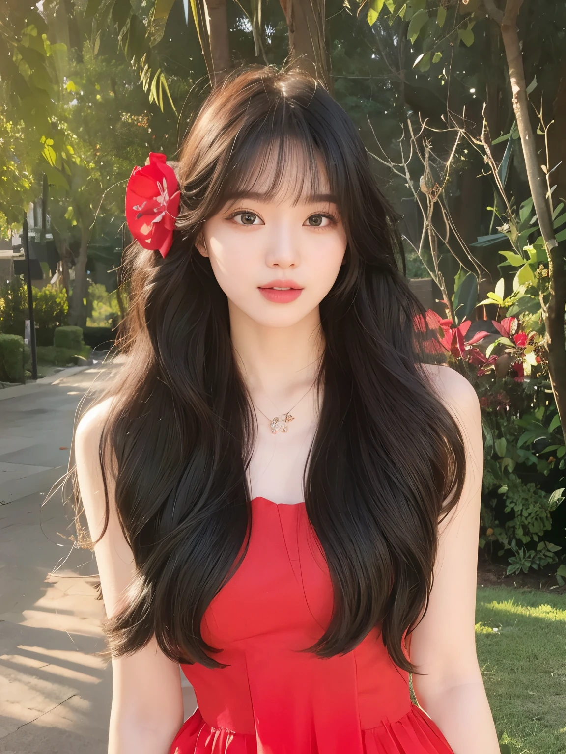 A girl taking pictures，Facing the camera，Wearing a red dress，黑色Long curly hair，Long curly hair，The hair is well-defined，Fluffy natural hair，long flowing hair，Photorealism，masterpiece，best quality，high quality，Fine details，Clear focus，4 k，1girl， 1 Girl，美丽的Face， Face， Divine goddess， Ultra-high resolution，（Reality：1.4），（beautiful girl：1.4），（Urzang-6500-v1.1：0.3）