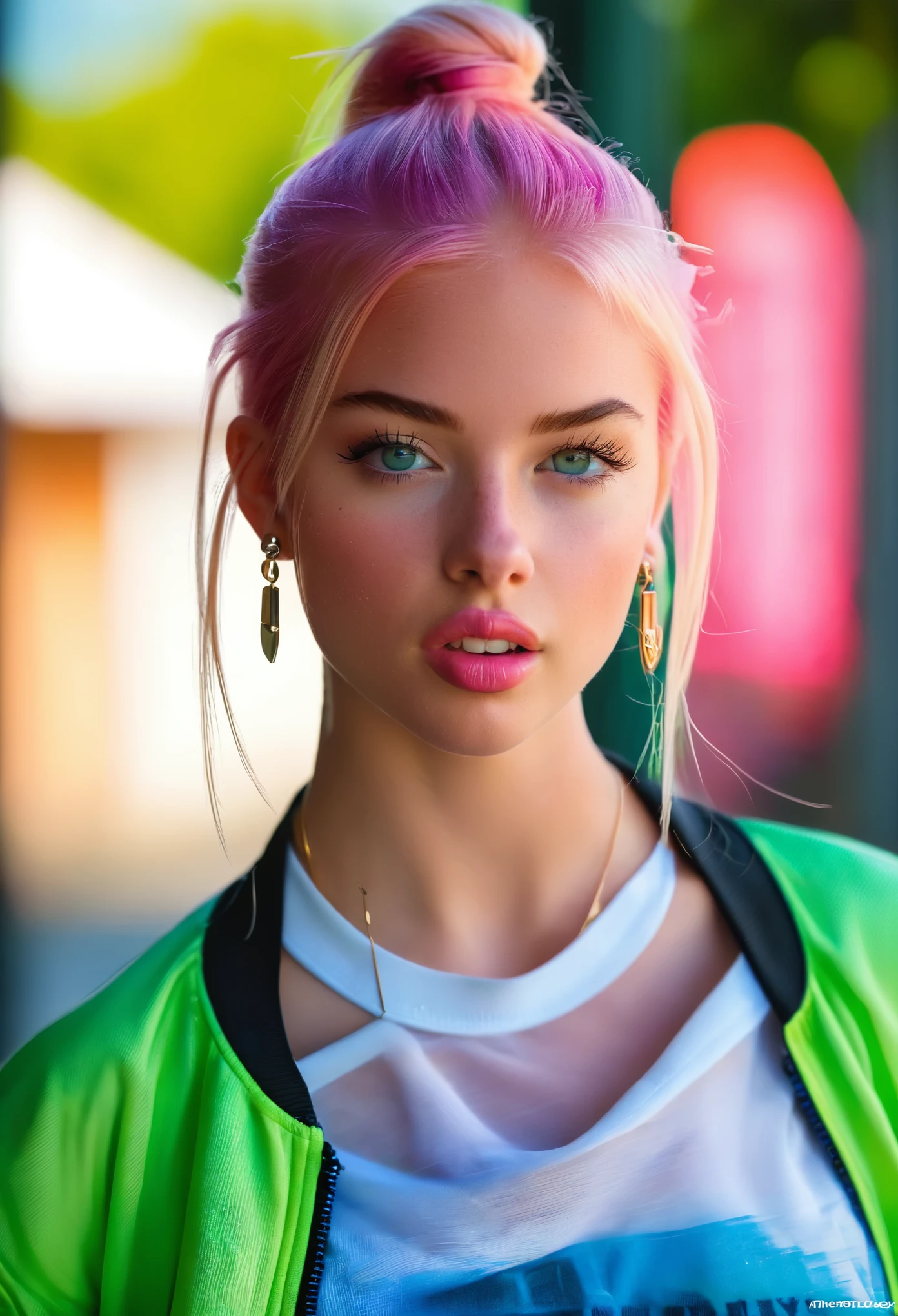 1girl, bare shoulders, bellissima, blonde hair, blue eyes, blurry, blurry background, closed mouth, dappled sunlight, earrings, facial tattoo, freckles, green eyes, jacket, jewelry, lips, long hair, looking at viewer, parted lips, pink hair, ponytail, portrait, realistic, shirt, short sleeves, solo, teeth