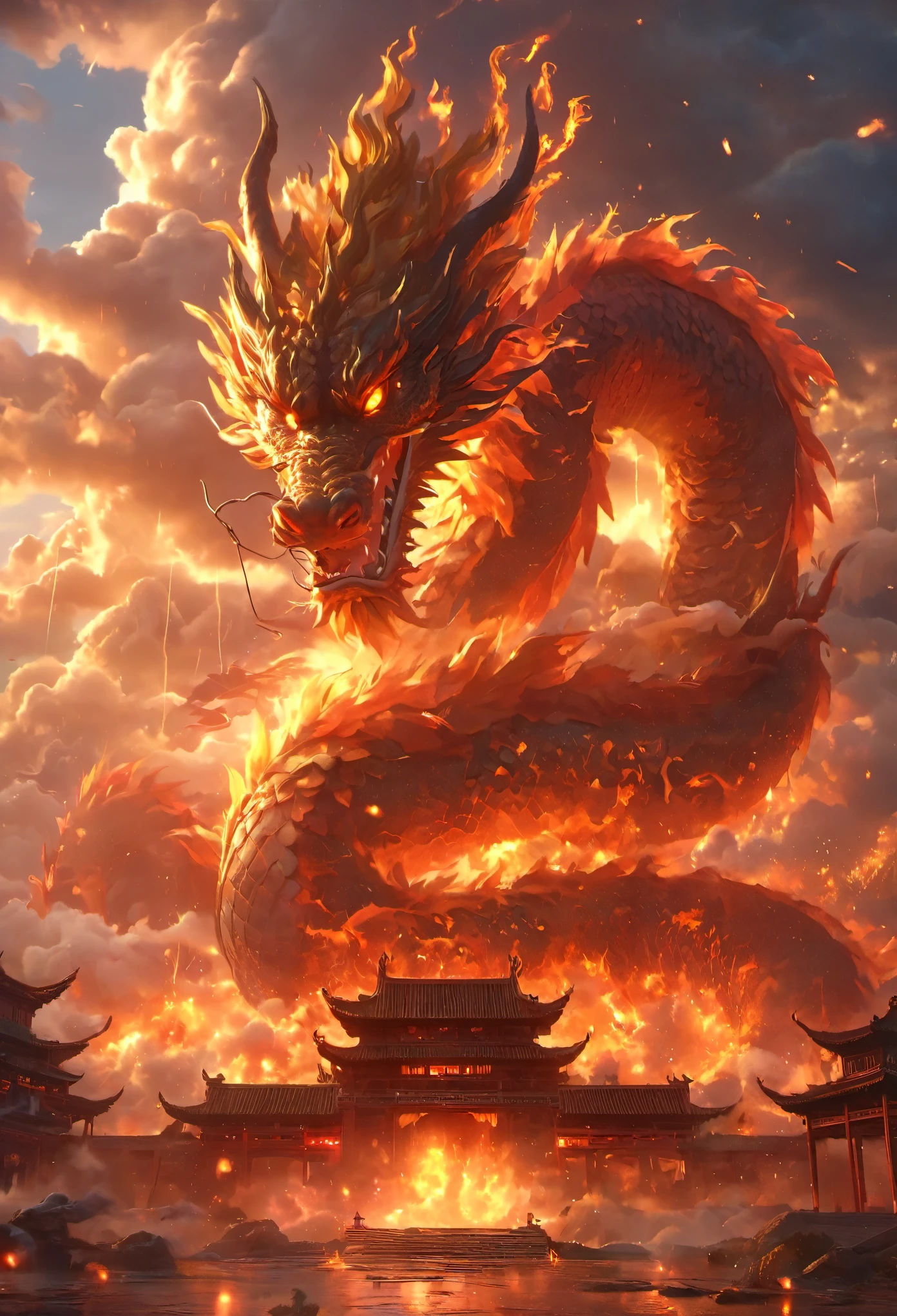 In a fantasy world, traditional Chinese architecture, a fire dragon, clouds, the sun, the sky, mountains, thunder and lightning, (best quality, 4k, highres, masterpiece:1.2), ultra-detailed, (realistic:1.37), vibrant colors, bokeh, vivid lighting.