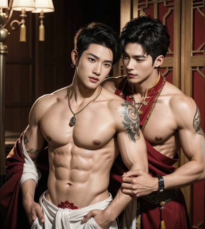 Two handsome boys kissing, smiling at each other,hugging, kissing, touching lips, cuddle, romantic,skin ship, Chinese Men God, Mythology, realistic, Chinese odyssy, super Handsome,manly, kpop idol, handsome korean actor, 20 years old,, detailed face, manly jawline, detailed mess curly styling hair, Topless, Muscles, big breast Athlete body, Full Frame,full body shoots, Sexy, realistic, human skin, tattoo breast, Professional studio Lighting, long red tibet wedding Outfit, jade and golden pendent all over , detailed jewery in dress, earings,Chinese ancient wedding Background,out door, super detailed background,look at camera , open mouth, sexy Underneathe Underwear, tibet Warrior, Hanfu red wedding dress, tibet Male, tibet Nobel, Seduce , bare chest , tattoo chest, tattoo arms, tattoo hands, tattoo back, tattoo legs , big juicy butts.