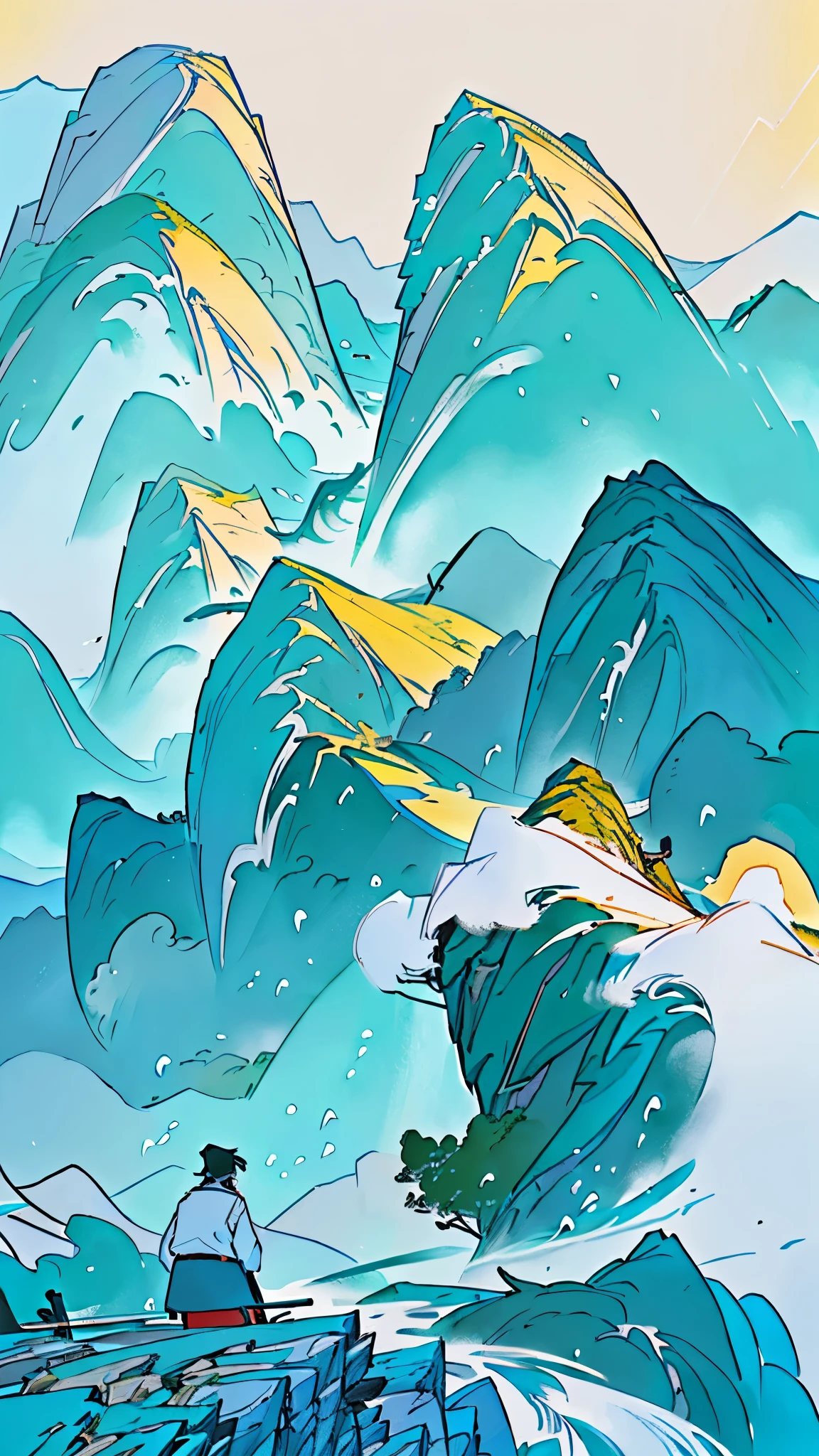 Close up of a poster with mountains and a river, Inspired by Wu Guanzhong, paddy, Chinese scenery, Chinese writing brush pen illustration, Green rain, Landscape Art Detail, Inspired by Eyvind Earle, Chinese painting style,  Inspired by Toshiei Katsukawa, Landscape illustration，number插图，number，