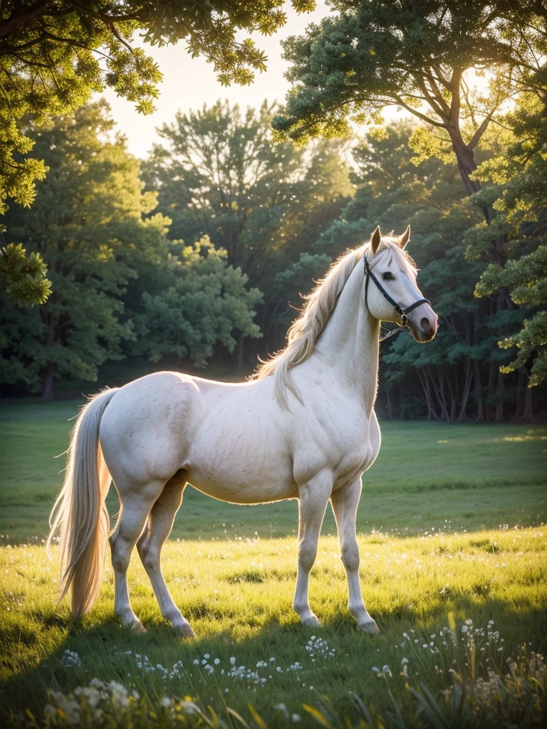 RAW, Best quality, high resolution, Masterpiece: 1.3), Beautiful white horse standing in the meadow (iu:0.8),
Masterpiece, Realistic, 1horse, White horse, majestic animal, serene expression, meadow landscape, tall grass, sunlit, detailed texture, shining mane and tail, dewdrops on the grass, gentle breeze, soft lighting, vast open space, nature in its purest form, tranquil atmosphere, idyllic scene, 3D Octane rendering, ray tracing, super detailing viewer, closeup.