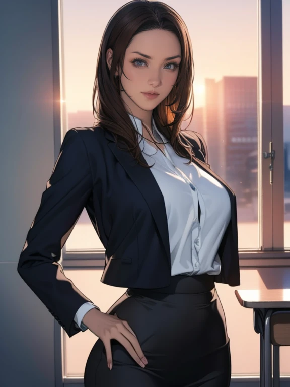 Beautiful lawyer, (Milla Jovovich:0.3), (Solo, 30 years old, detailed face, Detailed lips, detailed eyes, Brunette Bob Hair, Black Blazer, White dress shirts, Tight micro mini skirt), Reading at her desk, at the library, (athletic body), ((small breasts:1.1)), cleavage, perfect face, Perfect image realism, detailed clothes, lacy bra, Shirt unbuttoned, Lewd librarian, Hyper-Realism, Photorealsitic, unrealengine, 8K maximum resolution, (​masterpiece), highly detailed, Professional, cinematic lighting, rim lighting, studio lighting,brown hair bitch,bossbitch,red lipsticks,skimpy