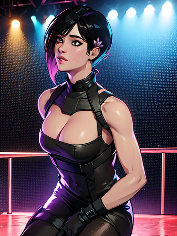 Crea una imagen de Aruni del videojuego Rainbow Six Siege usando un vestido elegante de color negro, el fondo sea una fiesta de gala, sexy