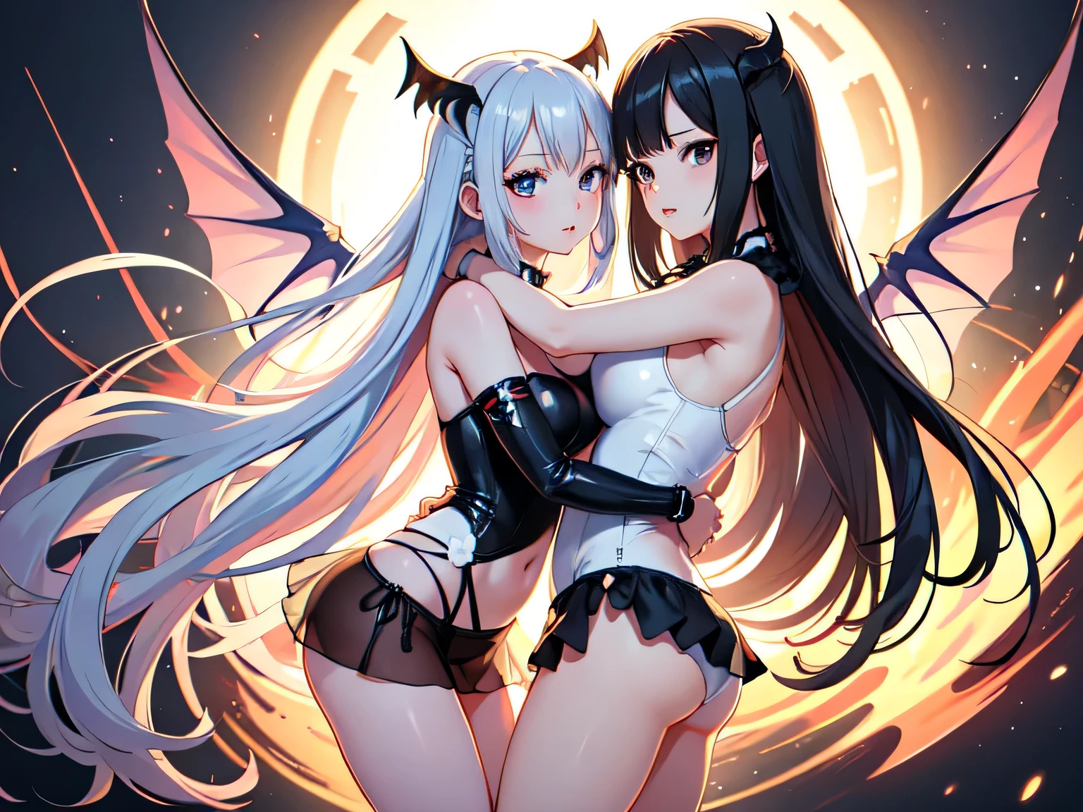 ((best quality)), (Ultra Detailed), ((Extremely detailed)), (fair), ((Kawaii girl)), ((Ultra HD)), (masterpiece), (high quality), (best quality), (4K), (high quality), (2 girls), (Hug each other),Parted bangs, ((Hair intake)), Long hair, (Random Hairstyle), Larger breasts, slim body, (one piece swimsuit), (Transparent fabric) Revealing underwear super short transparent skirt succubus normal arms