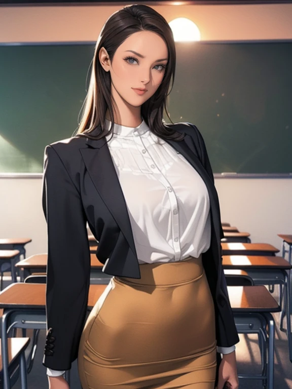 (8k,Photorealistic, masutepiece, Best Quality, Raw photo:1.3)、1woman in, 25years old,Solo,school girl, Long hair, Brown hair, Detailed beautiful face, alluring face, (Detailed beautiful brown eyes:1.2), medium breasts,(loose suit, sheer pencil Skirt :1.35), ( Perfect body skinny beauty: 1.4),( temptation Pose:1.3), (Looking at Viewer, front view,eyes focus:1.2), Detailed background, (sunset:1.2), classroom,fine detailed, intricate detailes,  Ray tracing, depth of fields, seductive smile,classroom,