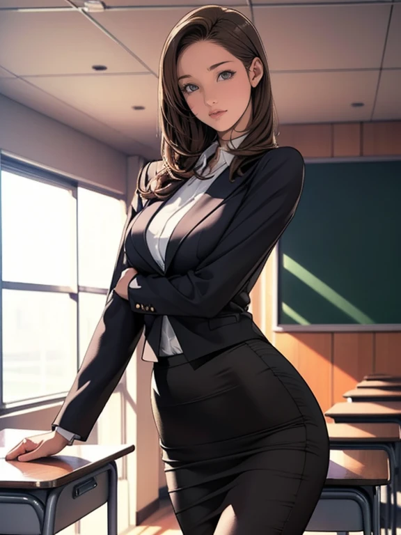 (8k,Photorealistic, masutepiece, Best Quality, Raw photo:1.3)、1woman in, 25years old,Solo,school girl, Long hair, Brown hair, Detailed beautiful face, alluring face, (Detailed beautiful brown eyes:1.2), medium breasts,(loose suit, sheer pencil Skirt :1.35), ( Perfect body skinny beauty: 1.4),( temptation Pose:1.3), (Looking at Viewer, front view,eyes focus:1.2), Detailed background, (sunset:1.2), classroom,fine detailed, intricate detailes,  Ray tracing, depth of fields, seductive smile,classroom,