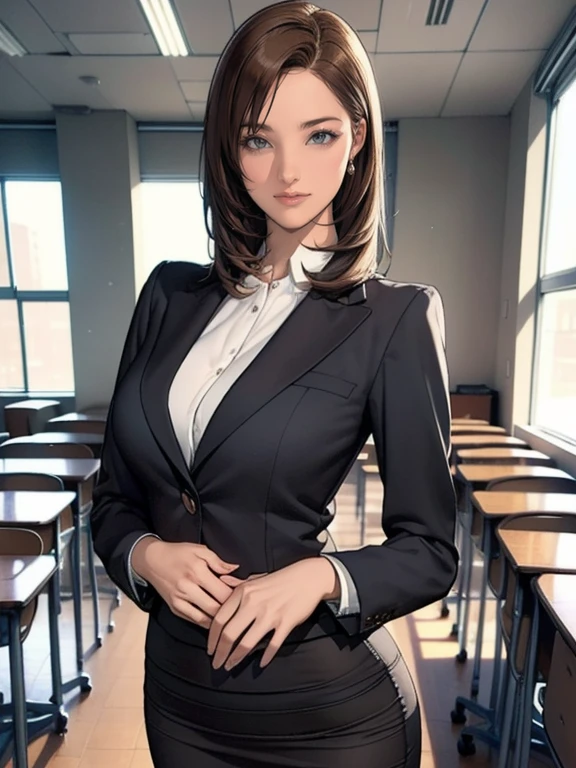 (8k,Photorealistic, masutepiece, Best Quality, Raw photo:1.3)、1woman in, 25years old,Solo,school girl, Long hair, Brown hair, Detailed beautiful face, alluring face, (Detailed beautiful brown eyes:1.2), medium breasts,(loose suit, sheer pencil Skirt :1.35), ( Perfect body skinny beauty: 1.4),( temptation Pose:1.3), (Looking at Viewer, front view,eyes focus:1.2), Detailed background, (sunset:1.2), classroom,fine detailed, intricate detailes,  Ray tracing, depth of fields, seductive smile,classroom,