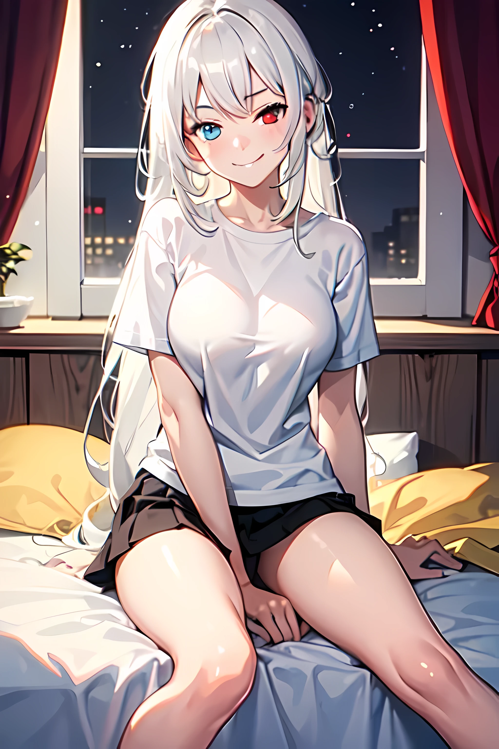 s girl, long hair, white hair, neatly hair, neatly cut bangs, glowing eyes, red eyes, blue eyes, heterochromia, smug face, naughty smile, squinting eyes, oversize t-shirt, white t-shirt, night, shiny skin, medium breasts, bed room, sit on bed, (looking at viewer), (feet out of frame), (best quality:1.3), (ultra detailed:1.3), (Perfect anatomy:1.3)