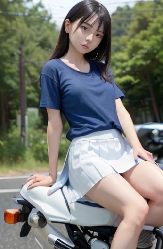 best quality, detailed, beautiful, insanely detailed, absurdres,perfect anatomy, Japanese woman,black hair,27 years old, (slender), (small breasts),
(long exposure:1.0), full body shot, (blue t-shirt, white skirt:1.3), (Riding a motorcycle in a forward leaning position:1.4), speeding down a straight road, (dynamic angle:1.3)