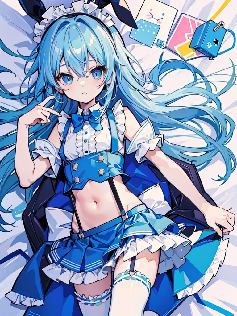 dakimakura style,hyper cutest shota,
light blue hair,loose long hair,rabbit shotas,(Reliable blue suspenders for hanging frilly miniskirts),(bare navel and stomach),School festival, bunny ear waitress,