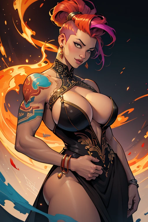 There is a curvaceous woman (large breasts, cleavage, multicolored hair, shaved side hairstyle) with Tribal tattoos all over her body and wearing a long flowing gown made of volcanic lava and fire, a beautiful artwork illustration, stunning digital illustration, Jen Bartel, exquisite digital illustration, beautiful digital illustration, intricate digital painting, digital painting | intricate, highly detailed vector art, in style of digital illustration, gorgeous digital art, vector behance hd Jesper Ejsing, beautiful digital artwork