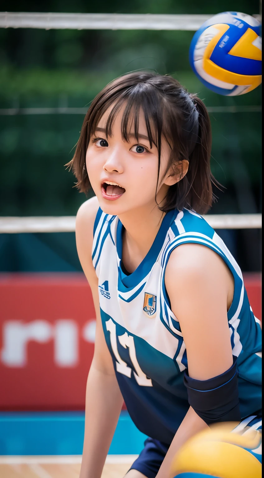 Tabletop, highest quality, 8K, 15-year-old student, , Raw photo, Absurd, Award-winning portraits, mouth, alone, night, neon, Idol Face, Biolaces, Gardenia, Delicate girl, Upper Body, Digital single-lens reflex camera, Watching the audience, Frank, Sophisticated, Zola々right, Thin arms, Professional Lighting, Film Grain, chromatic aberration, (Eye and facial details:1.0), (Bokeh:1.1) , Volleyball Uniforms , short hair