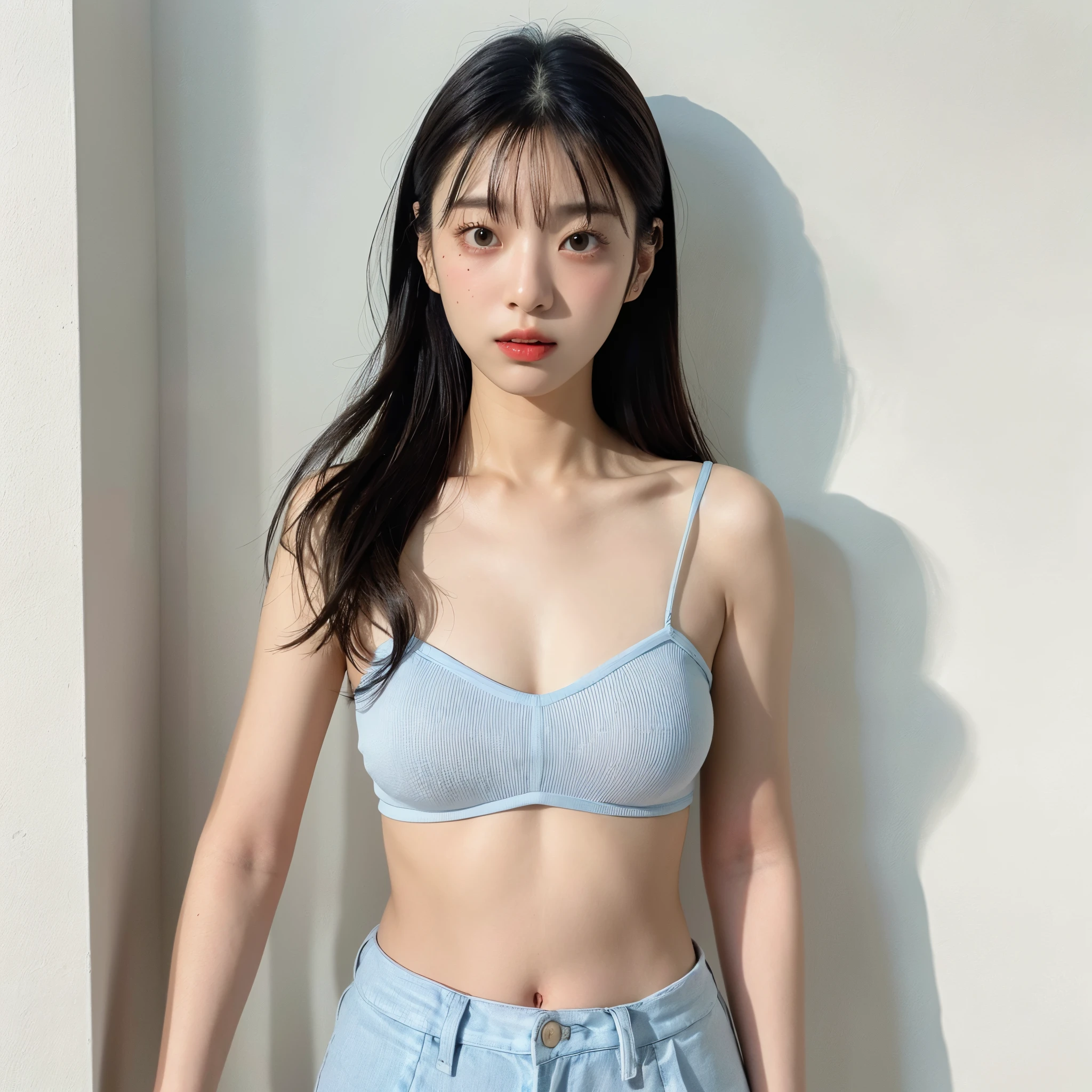 See-through tops、Small breasts、underwear、(背景にWhite wall、Some of her hair is sky blue:1.4)、White wall、Taken in front of a white door、(窓のあるWhite wallの部屋)、((highest quality、8k、masterpiece:1.3))、Ultra-high resolution、(photoGenuineistic:1.4)、RAW Photos、Japanese,(face)、Genuine、Photographed in natural light、Highly detailed face and skin texture、Highly detailed lips、The correct state of the human body、Medium Hair、Black Hair、Various poses、Natural color lip、whole body、whole