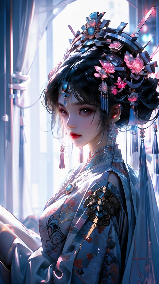 1 girl, chinese_clothes, in white and pink, cyberhanfu, Cheongsam, cyberpunk city, dynamic pose, Headdress, hair ornament, long hair, cyberpunk, a high-tech city, full of machinery and futuristic element, futurism, technology, aqua hair, divine goddess, huge breasts, queen, lace, lace trim, pearl necklace, gold, jewelry, tiara, neon, diamonds, looking at viewer, epic, grand curtains, indoors, sitting on sofa 