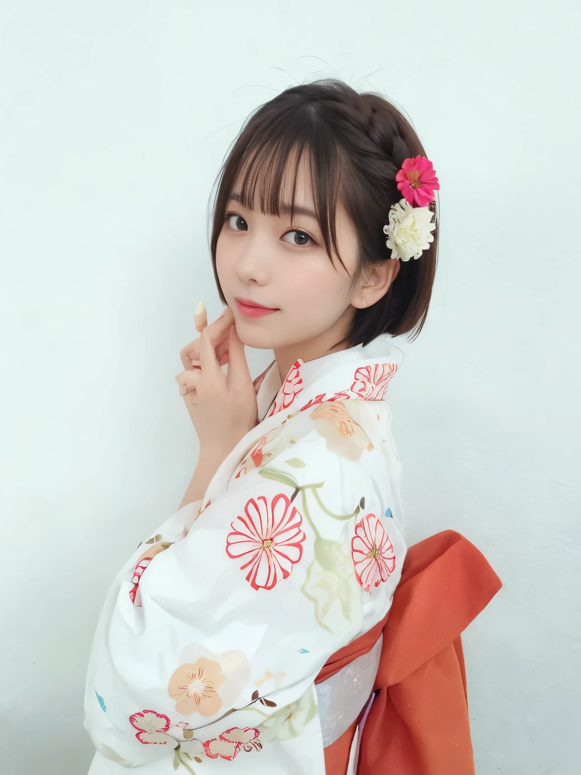 ulzzang-6500-v1.1, (Raw photo:1.2), (Photorealistic), (Genuine:1.4), (Mastepiece), there is a woman In kimono sitting on a chair, in kimono, Chiho, wear Kimono, Beasts, Hungry Ghost Festival, shikamimi, yukata, In kimono, Japanese style, wearing a haori, Yoshitomo Nara, mitsumayo, Short hair