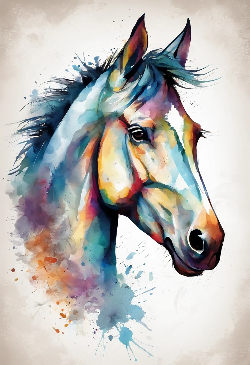 logotipo colorido, Minimalist vector art logo illustration of a horse head, usando um fone de ouvido, orelhas para baixo, Frontal, Magic, Crisp design, liso, Monochrome Color, magia escura colorido pintura splash, design de camisetas, no estilo do Studio Ghibli, O design deve ser em arte vetorial, Introducing the Dog. Use Adobe Illustrator to create the logo with sharp lines and a simple look, mas cativante. Keep the design centered on the dog's eyes, capturando sua singularidade e charme. The logo should evoke a sense of sophistication and tranquility. Enfatize um estilo low-poly para adicionar um toque de exclusividade aos bigodes. The overall aesthetic should be elegant and elegant, tornando-o adequado para fins de marca e logotipo, fundo preto, ((symmetr))