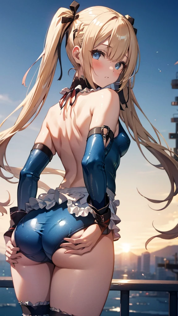 (Very detailedなCG), (最high quality), 1 girl, 完璧なface,  marierose,blue one-piece swimsuit,Shiny肌, Glowing Skin, Wide Hips,tight，Waist,Bodysuits，leotard，bangs,blue eyes，取りoutsideしたスリーブ,White gloves,Knee socks Elbow gloves,Exposing shoulders, Twin tails，Golden paper，Long Hair, ((Very detailedな背景)), Cowboy Shot,Dynamic Angle, (From behind,Bent over, Looking Back), 1 girl, alone,beautiful Finger,beautiful long legs,beautiful body,(Mature Woman:1.3),Compensate,Lips parted,(Shiny skin:1.3),(Beautiful and dense skin),(Thin Hair), masterpiece, high quality, High resolution, Confused,(beautiful and aesthetic:1.2), beautiful hand, (4K), 8k, Perfect balance,(extremely detailed CG unity 8k wallpaper), Perfect hands, Embarrassing, blush, Light_vestige,Intricate details,Written boundary depth, extremely delicate and beautiful,Professional photography, Bokeh, High resolution, Sharp details, 最high quality, (beautiful,chest), (beautiful_face), (タイトなWaist), bent, Thick thighs, beautiful目, beautiful背景, particles of Light, Light of the sun, dramatic Lighting, outside, Shiny, Realistic, 最high quality, Very detailed, Get used to it, scenery,