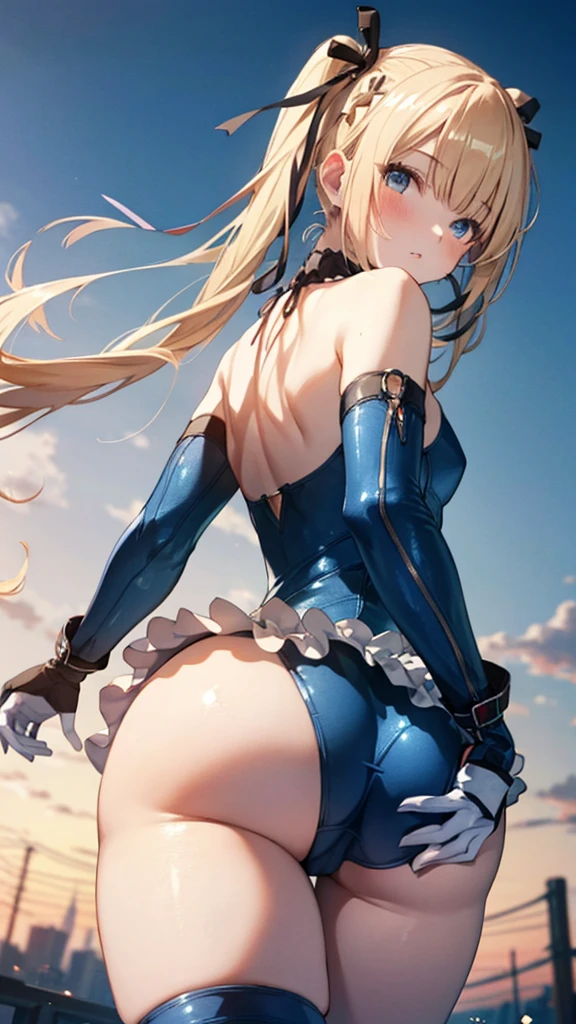 (Very detailedなCG), (最high quality), 1 girl, 完璧なface,  marierose,blue one-piece swimsuit,Shiny肌, Glowing Skin, Wide Hips,tight，Waist,Bodysuits，leotard，bangs,blue eyes，取りoutsideしたスリーブ,White gloves,Knee socks Elbow gloves,Exposing shoulders, Twin tails，Golden paper，Long Hair, ((Very detailedな背景)), Cowboy Shot,Dynamic Angle, (From behind,Bent over, Looking Back), 1 girl, alone,beautiful Finger,beautiful long legs,beautiful body,(Mature Woman:1.3),Compensate,Lips parted,(Shiny skin:1.3),(Beautiful and dense skin),(Thin Hair), masterpiece, high quality, High resolution, Confused,(beautiful and aesthetic:1.2), beautiful hand, (4K), 8k, Perfect balance,(extremely detailed CG unity 8k wallpaper), Perfect hands, Embarrassing, blush, Light_vestige,Intricate details,Written boundary depth, extremely delicate and beautiful,Professional photography, Bokeh, High resolution, Sharp details, 最high quality, (beautiful,chest), (beautiful_face), (タイトなWaist), bent, Thick thighs, beautiful目, beautiful背景, particles of Light, Light of the sun, dramatic Lighting, outside, Shiny, Realistic, 最high quality, Very detailed, Get used to it, scenery,