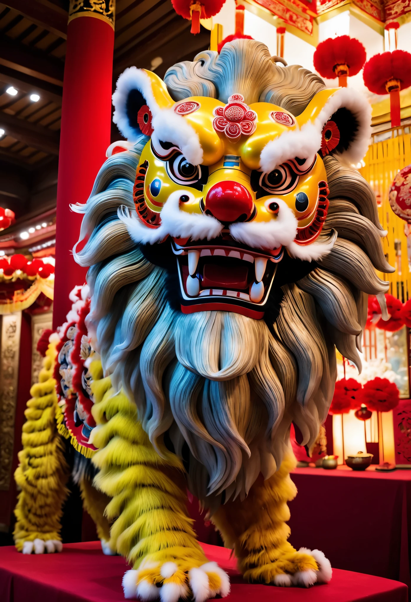 (best quality, masterpiece:1.2), ultra-detailed, Chinese lion dance lion head statue on table, (Lion dance lion head:1.8), Red and white furry, Red pompom decoration, pigment, exquisitely crafted, red gemstone eyes, blue gemstone forehead decoration, ornate and luxurious lion head artwork, Chinese elements, traditional culture, traditional craftsmanship, beautifully handcrafted, regal and majestic, sparkling gemstones, lifelike details, vibrant colors, shiny polished surface, decorative piece, East Asian heritage, Cultural heritage, antique, bronze sculpture, symbol of power and strength, traditional lion dance, eye-catching centerpiece, intricate design, authentic representation, impressive craftsmanship., 4k, 8k, highres,1 unicorn,Metal lion dance head,Miracle Lights,