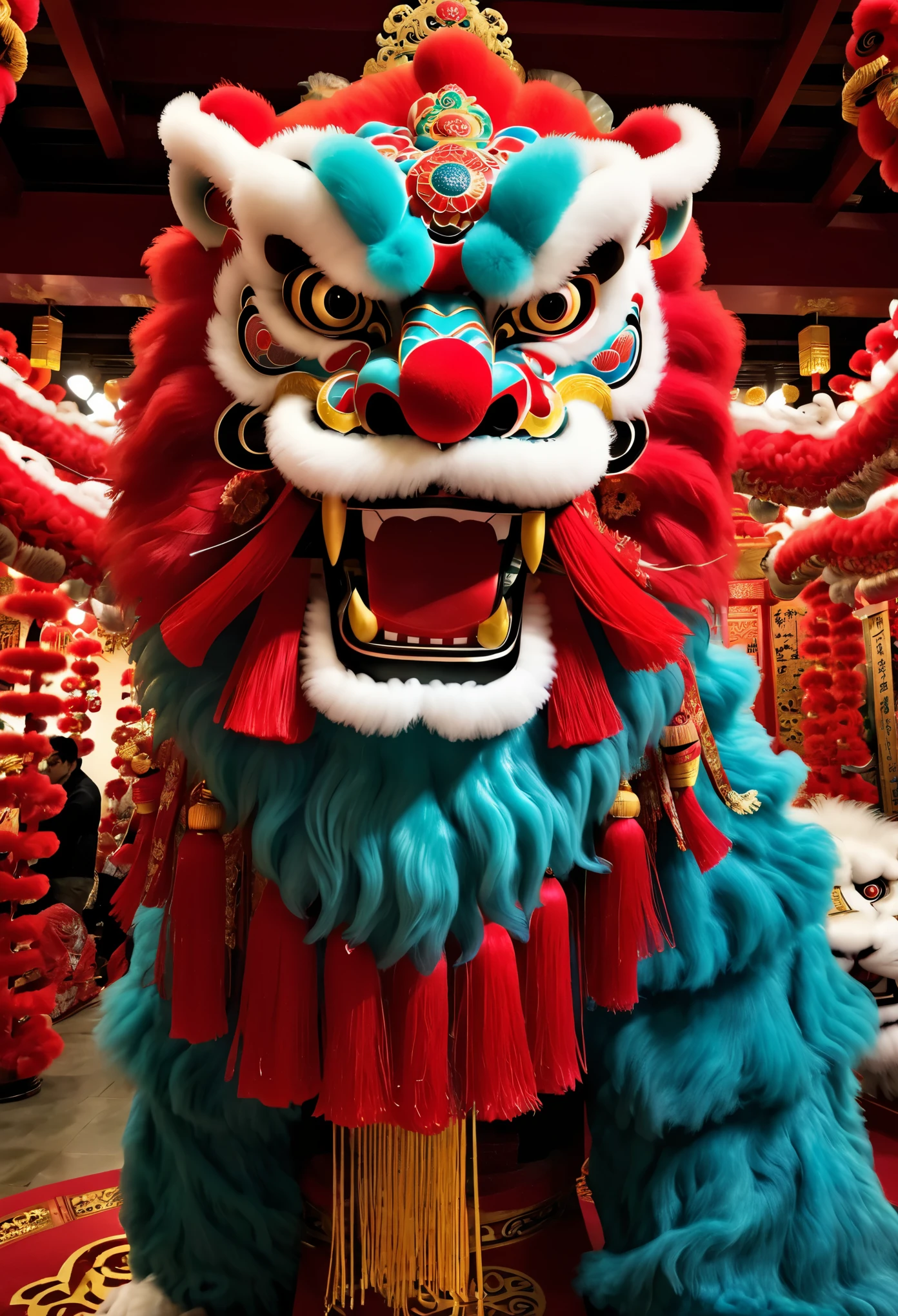 (best quality, masterpiece:1.2), ultra-detailed, Chinese lion dance lion head statue on table, (Lion dance lion head:1.8), Red and white furry, Red pompom decoration, pigment, exquisitely crafted, red gemstone eyes, blue gemstone forehead decoration, ornate and luxurious lion head artwork, Chinese elements, traditional culture, traditional craftsmanship, beautifully handcrafted, regal and majestic, sparkling gemstones, lifelike details, vibrant colors, shiny polished surface, decorative piece, East Asian heritage, Cultural heritage, antique, bronze sculpture, symbol of power and strength, traditional lion dance, eye-catching centerpiece, intricate design, authentic representation, impressive craftsmanship., 4k, 8k, highres,1 unicorn,Metal lion dance head,Miracle Lights,