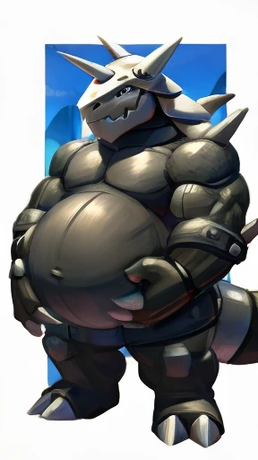 Aggron, big biceps, big belly, huge belly, hands on belly,