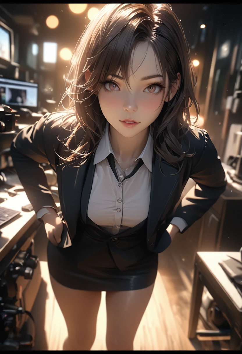 top quality, masterpiece, 1 girl, pretty face, (Realistic photos:1.3), edge lighting, (High detail skin:1.2), 8k超HD, DSLR camera, high quality, HD, 4K, 8K, Bokeh, (real: 1.3), Small face, cute girl, black formal blazer, Medium chest, short skirt,office