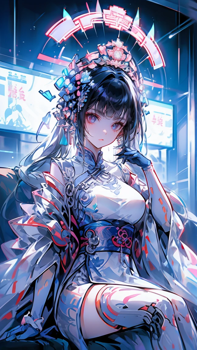 1 girl, chinese_clothes, in white and pink, cyberhanfu, Cheongsam, cyberpunk city, dynamic pose, Headdress, hair ornament, long hair, cyberpunk, a high-tech city, full of machinery and futuristic element, futurism, technology, aqua hair, divine goddess, gigantic breasts, queen, lace, lace trim, pearl necklace, gold, jewelry, tiara, neon, diamonds, looking at viewer, epic, grand curtains, indoors, sitting on sofa 