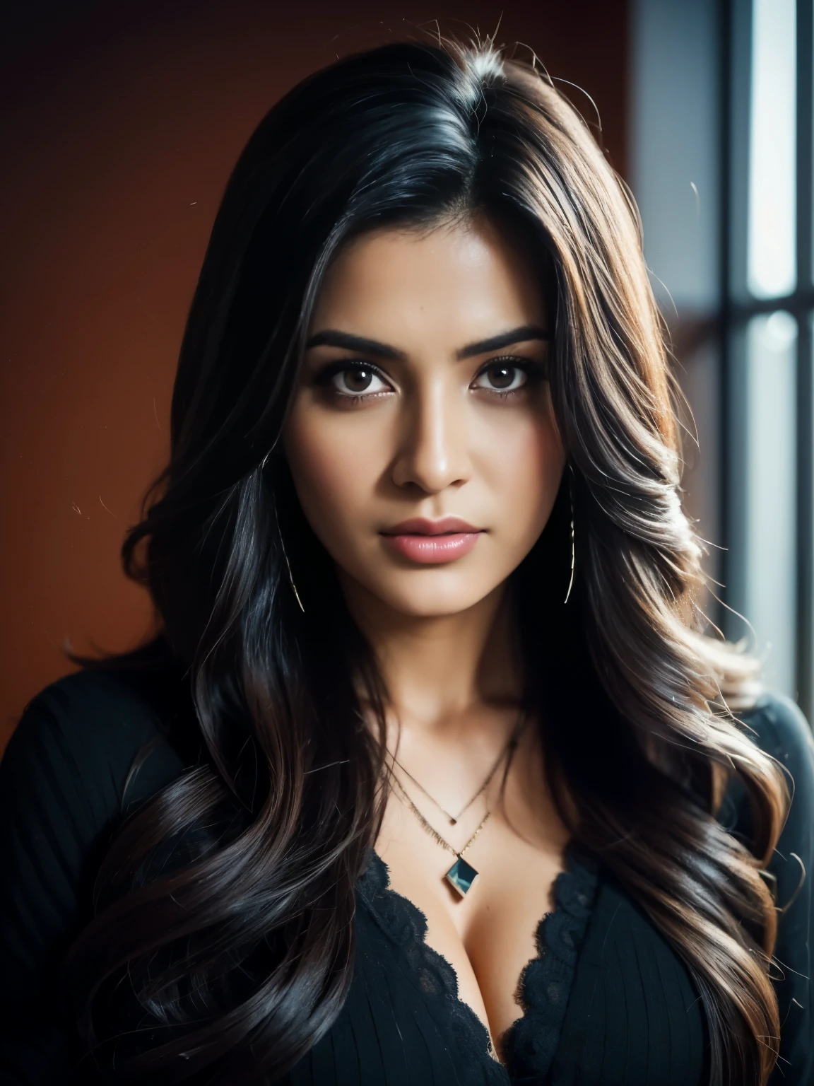 20 years old, Portrait of A confident-looking indian girl long flowing hair, (facing,90 degree to camera, looking at camera) hazel and brown big eyes, sitting on sofa, close up face, beautiful detailed nose, sexy detailed lips, (detailed skin texture), bokeh, perfect composition, hyperrealistic, super detailed, 8k, high quality, trending art, trending on artstation, sharp focus,  studio photo, intricate details, highly detailed, art by greg rutkowski, full face visible,