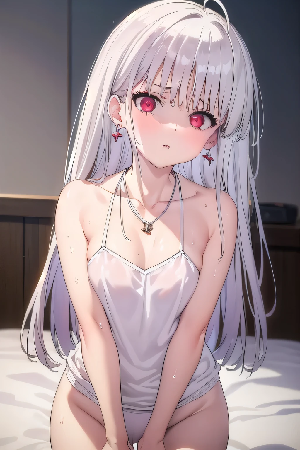 masterpiece, best quality, ultra-high-detailed, Disgusted face, white hair, red eyes, sigtuna julie , small breast, room, looking down to you , deep eyes ,cowboy shot, high quality, jewelry, earrings, jewelry, , earrings, necklace, makeup, lipstick, eyeshadow, Warm body, hot body, A lot sweat , more sweat, hot temperature, sweating, Sweated a lot, warm room, bare shoulder, showing shoulder, Collarbone, tradisional Clothes, fit body, muscle