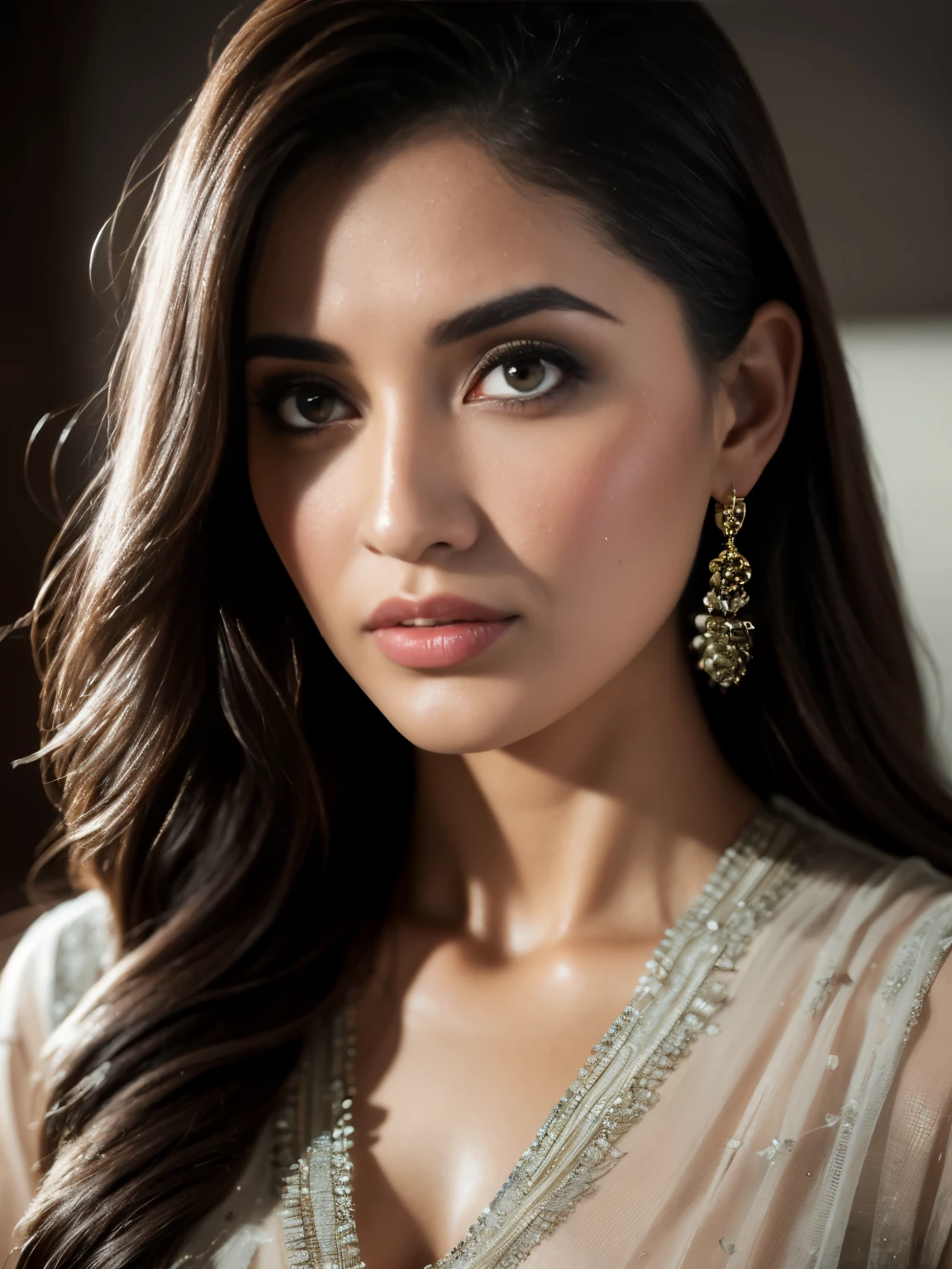 20 years old, Portrait of A confident-looking indian girl long flowing hair, (facing,90 degree to camera, looking at camera) hazel and brown big eyes, sitting on sofa, close up face, beautiful detailed nose, sexy detailed lips, (detailed skin texture), bokeh, perfect composition, hyperrealistic, super detailed, 8k, high quality, trending art, trending on artstation, sharp focus,  studio photo, intricate details, highly detailed, art by greg rutkowski, full face visible,