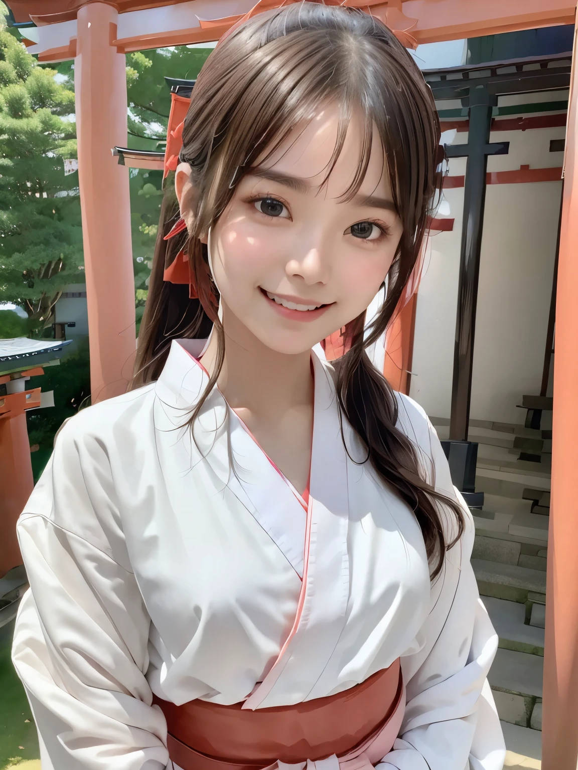 highest quality、8k、Ultra-high resolution、Very detailed face and eyes、Highly detailed face and skin texture、Glowing Skin、Shiny skin、masterpiece:1.3、1 girl、Super detailed face、Delicate eyes、double eyelid、Full Shot、Short Ponytail、20-year-old、Brown Hair、Full body angle、Full body portrait、((Shrine maiden、Shrine maiden服、shrine、White clothes、Pink Hakama、torii))、A sloppy smile