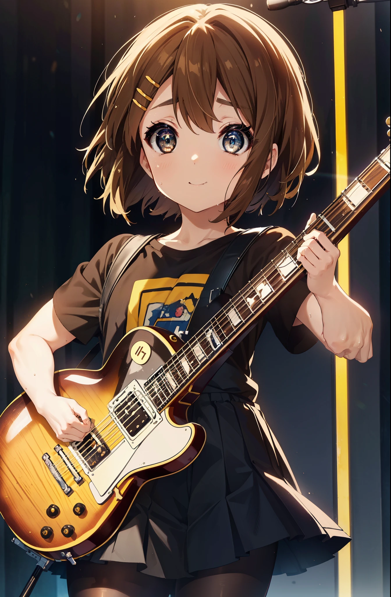 yuihirasawa, Yui Hirasawa, short hair, Brown Hair, hair ornaments, (Brown eyes:1.5),smile,Mouth wide open,Sweat,Wet clothes,Wet Skin,black print t shirt, Black pleated skirt,Black pantyhose,Brown loafers,Hair Clip,guitar(Gibson Les Paul)flip,stage,Singing with your mouth open,So that the whole body goes into the illustration,
break indoors, live house、
break looking at viewer, (Cowboy Shot:1.5),
break (masterpiece:1.2), highest quality, High resolution, unity 8k wallpaper, (shape:0.8), (Fine and beautiful eyes:1.6), Highly detailed face, Perfect lighting, Highly detailed CG, (Perfect hands, Perfect Anatomy),