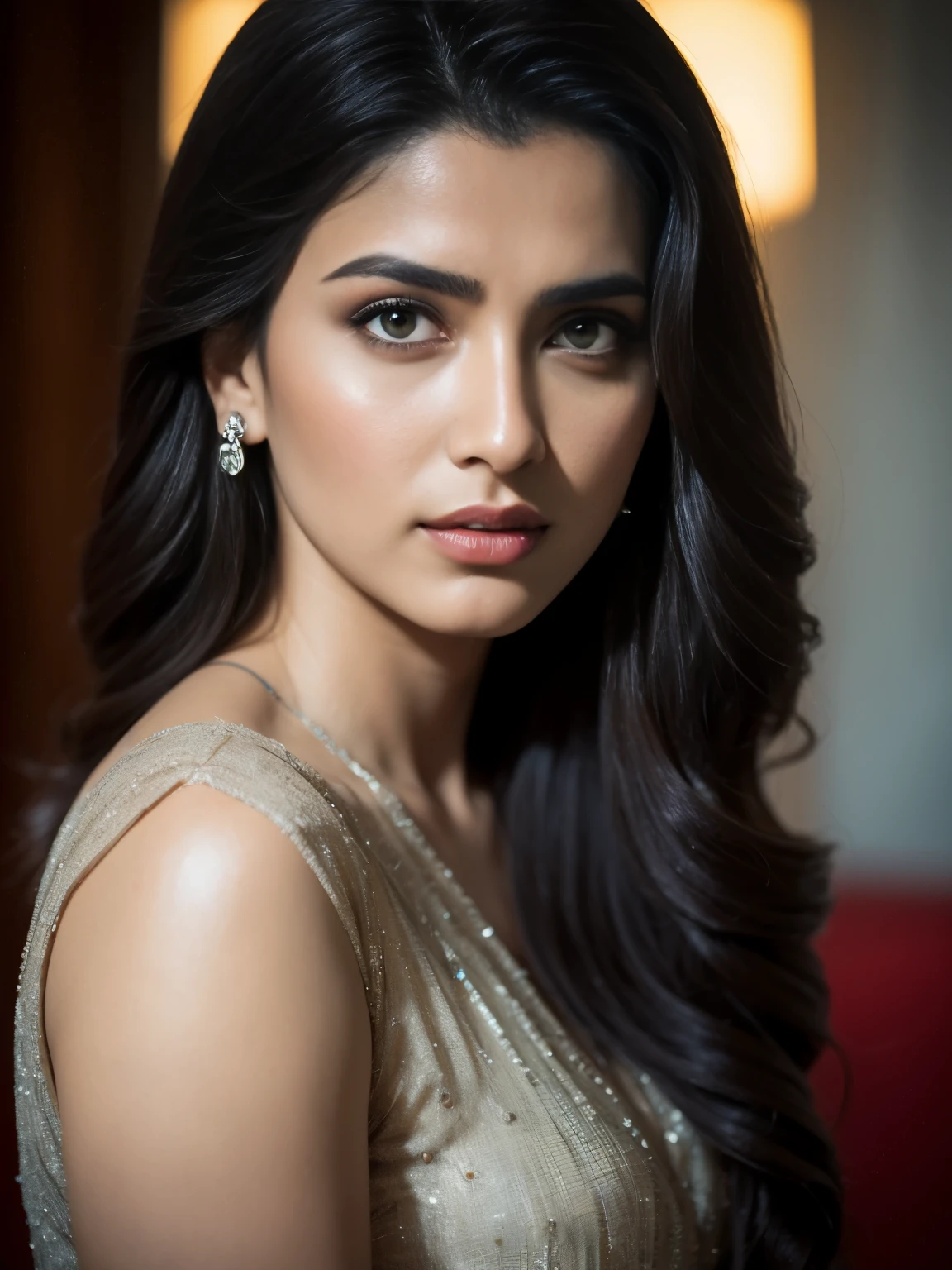 20 years old, Portrait of A confident-looking indian girl long flowing hair, (facing,90 degree to camera, looking at camera) hazel and brown big eyes, sitting on sofa, close up face, beautiful detailed nose, detailed lips, (detailed skin texture), bokeh, perfect composition, hyperrealistic, super detailed, 8k, high quality, trending art, trending on artstation, sharp focus, studio photo, intricate details, highly detailed, art by greg rutkowski, full face visible,