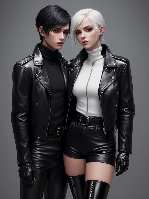 Final Fantasy-style graphics, young, Cute and cool Japanese boys and girls, Both have thin eyebrows and large eyes., Both are wearing shiny white single-breasted leather jackets.。.。..。Biker style leather jacket、 with epaulettes, The jacket is zipped up, The jacket pockets are black., The jacket has a high stand-up collar with a belt,They are both wearing black turtlenecks..., The man is wearing black leather pants、The girl is wearing black leather shorts and black pantyhose., Both of them are wearing thin black leather gloves..., The man was wearing long black leather lace-up boots.。.,、The girl is wearing black leather knee-high boots.、 Please show me your whole body, From head to toe., Final Fantasy Style、((good looking))、((beauty))、((Male and female couple))、((Clear eyes and nose))、((Shiny white single leather jacket))、((Both jackets must be white.))((The jacket has epaulettes))、((Jacket has a high stand-up collar and belt.))、((The jacket has a black pocket))、((Black turtleneck shirt))、((A man wearing shiny black leather pants))、((She's wearing shiny black leather shorts.))、((Shiny black leather gloves on both hands))、((Black lace-up leather long boots))、((The woman is wearing knee-high leather boots))、((A woman wearing black pantyhose))、((View full-body images from a distance))、Realistic image quality and texture、In a small cell、close your eyes、Has a gentle smile、((The jacket is closed with a zipper))、((Neither of them has any exposed skin below the neck..))、((The two of them are holding each other tightly))、