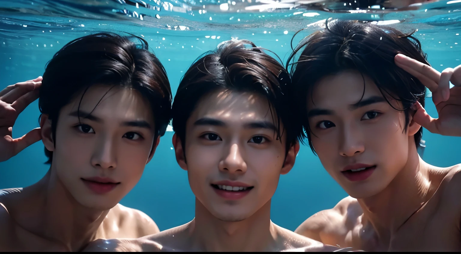 4〜Six boys gather together and have fun in the pool